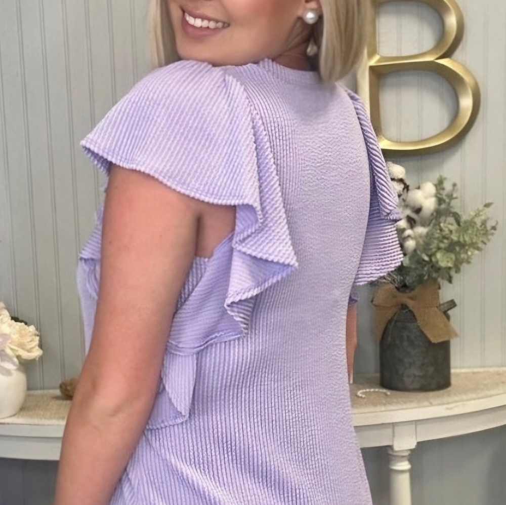 Solid Corded Ruffle Sleeve Top - Lg Lilac - Picture 2 of 2